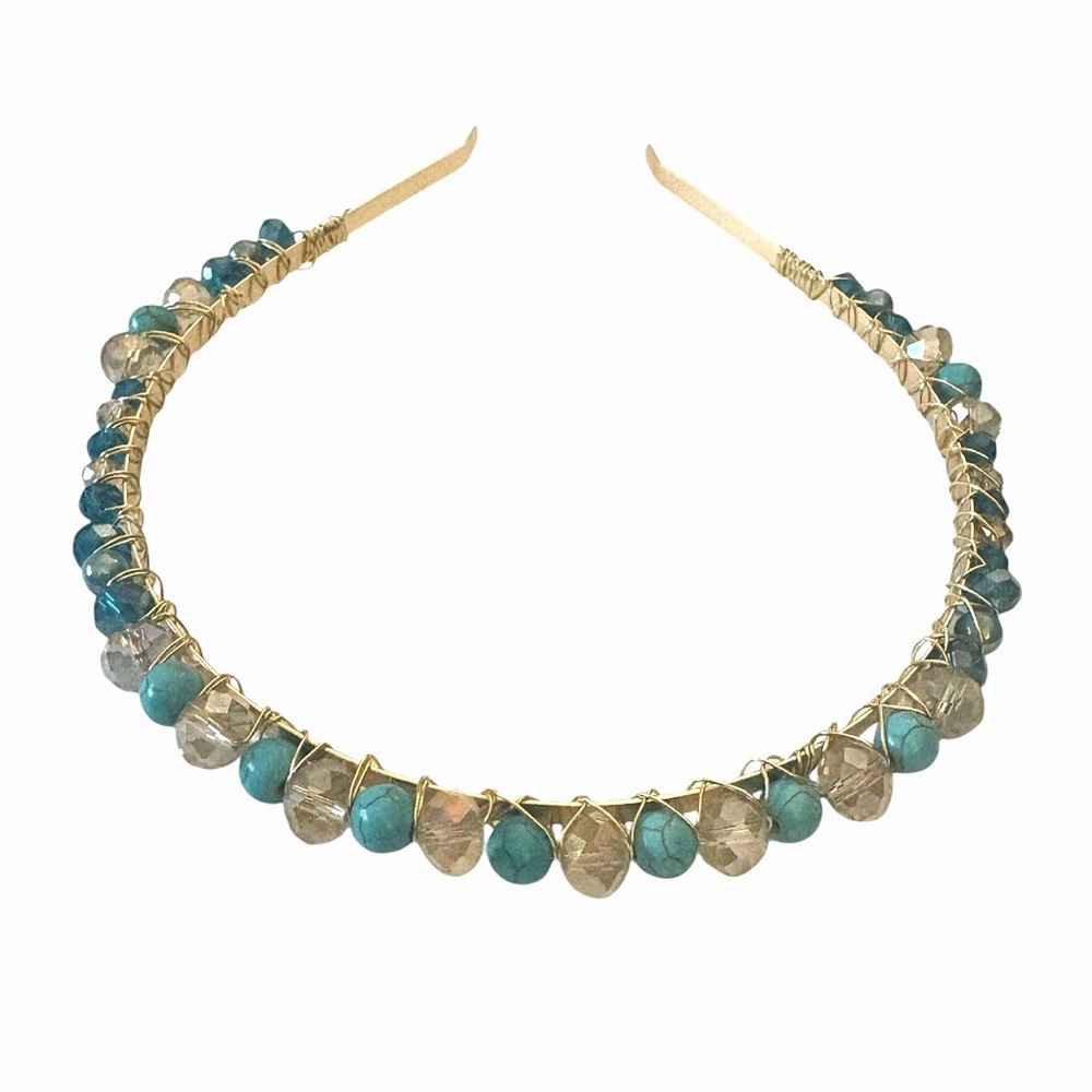 Gold Tone Headband with Turquoise, Austrian Crystals and Electroplated Glass